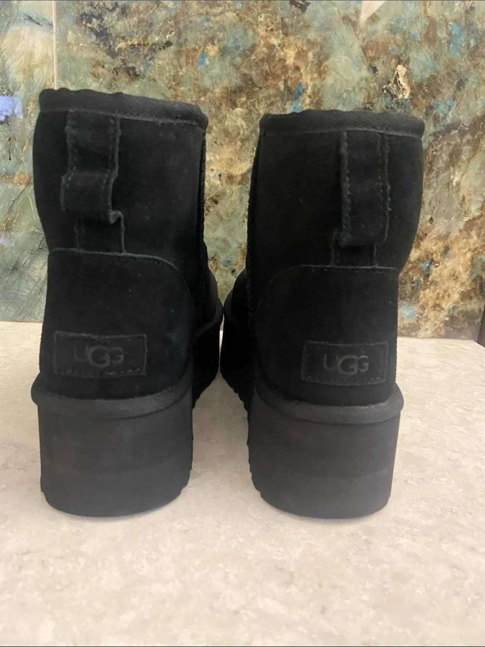 UGG Black Suede Platform Mini Shearling Winter Boots, size 9